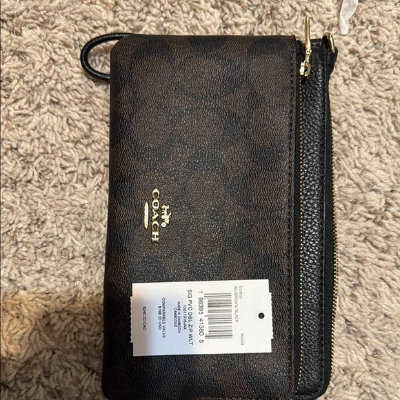 Coach Brown and Black Monogram Leather Wristlet Wallet NWT - Picture 1 of 9